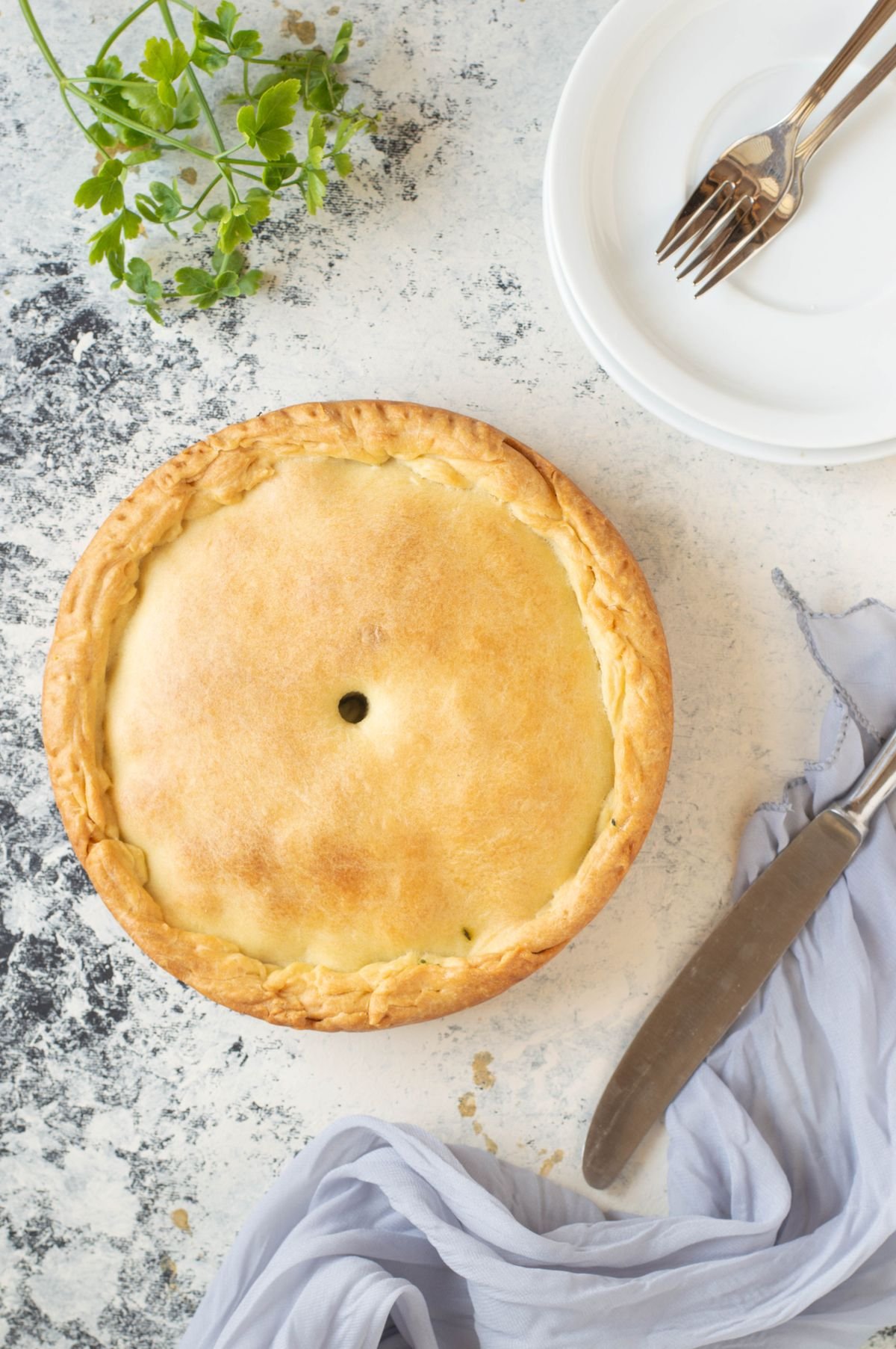 A golden chicken pot pie with flaky crust, steam escaping from a vent.