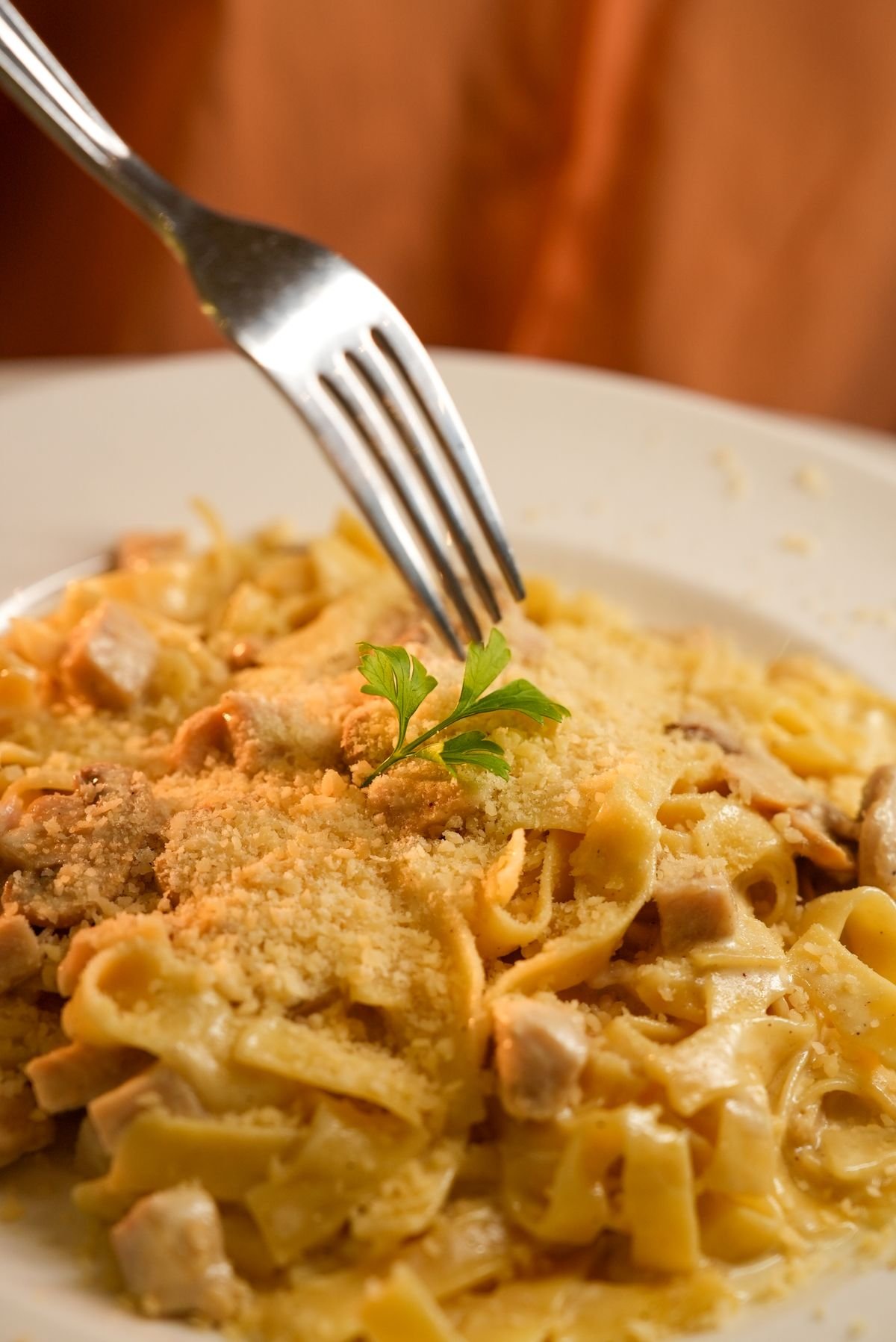 Creamy garlic chicken pasta with parmesan and parsley in a shallow bowl.